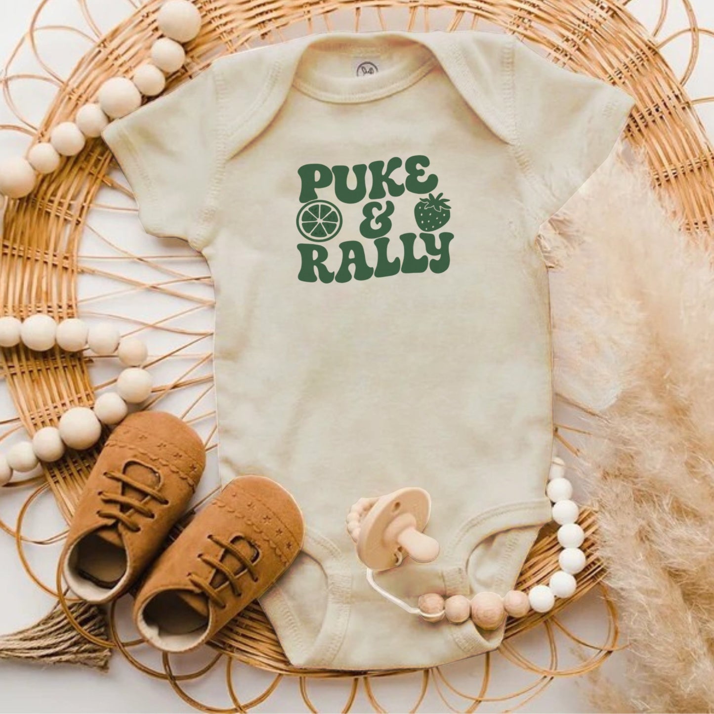 Puke and Rally Graphic Funny Baby Onesie product type