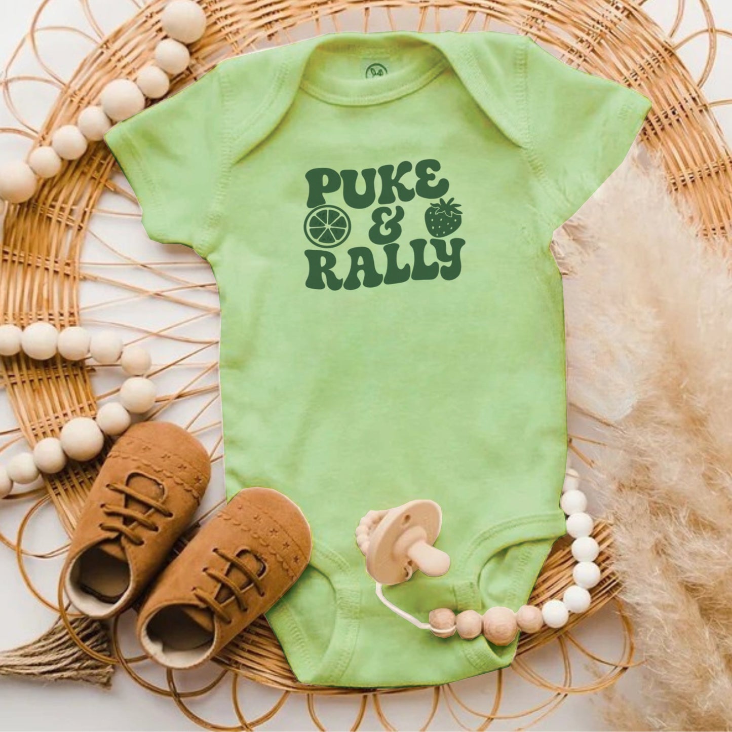 Puke and Rally Printed Green Onesie Baby Clothing Product