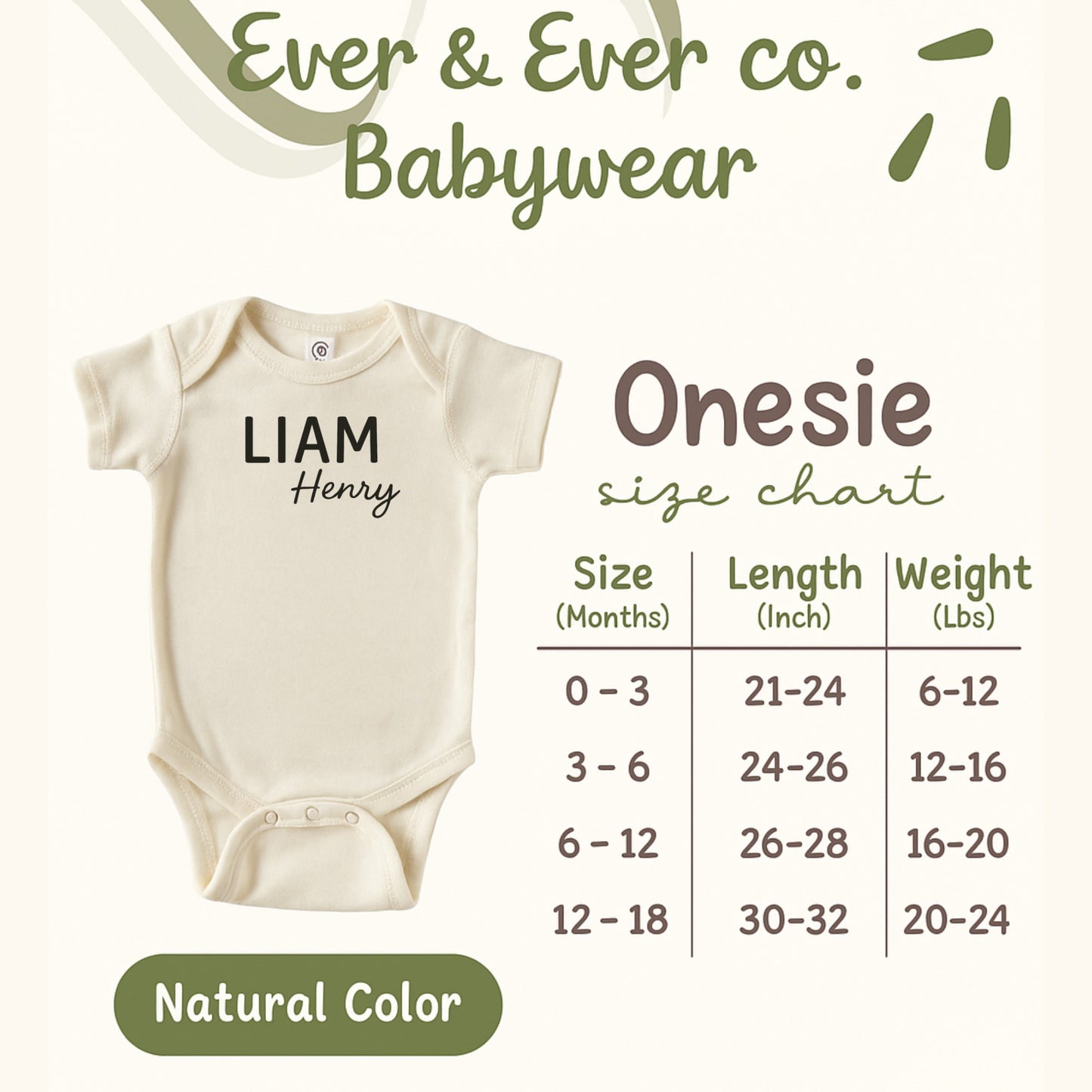Personalized Baby Onesie with Size Chart Babywear Product