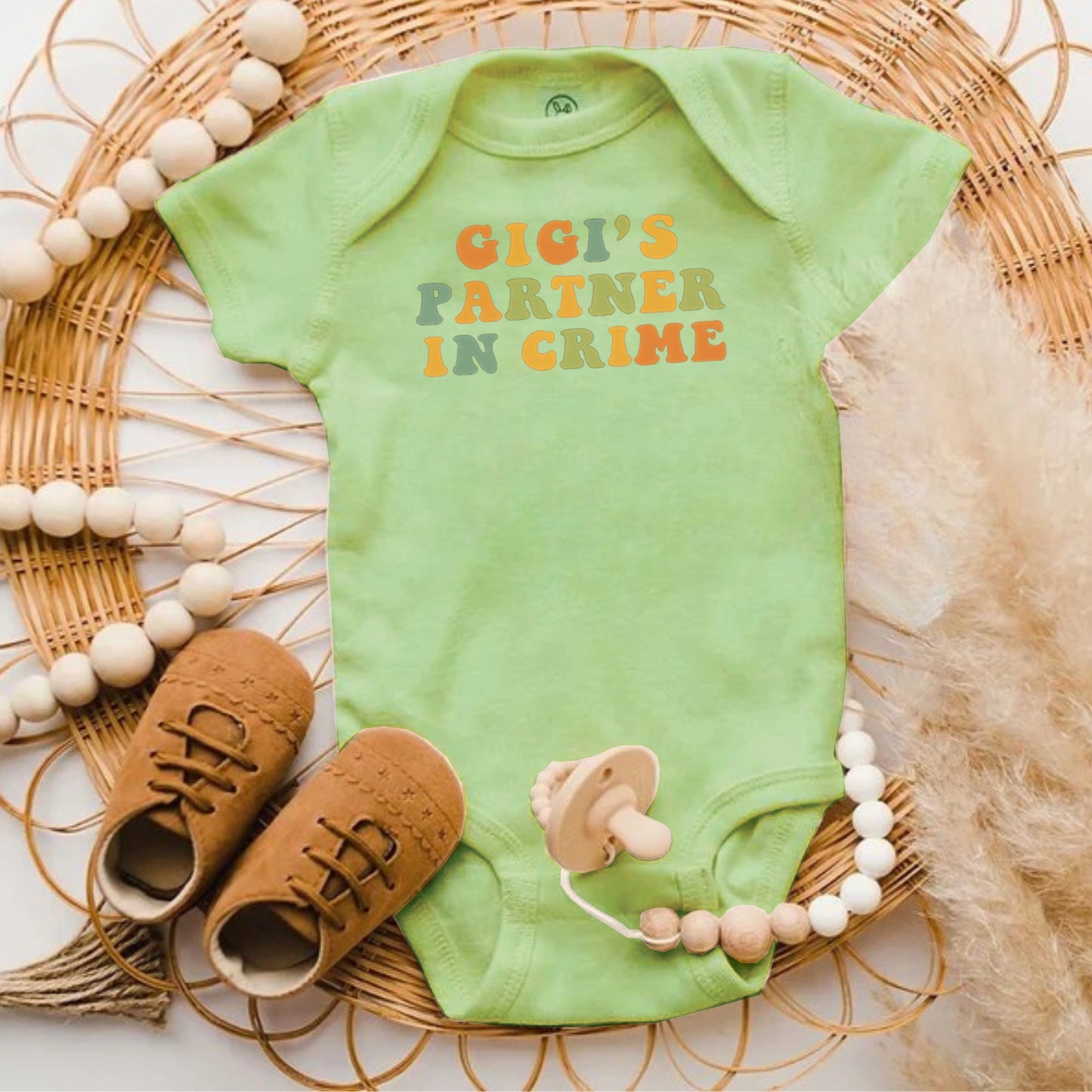 Gigi's Partner In Crime Green Baby Onesie product