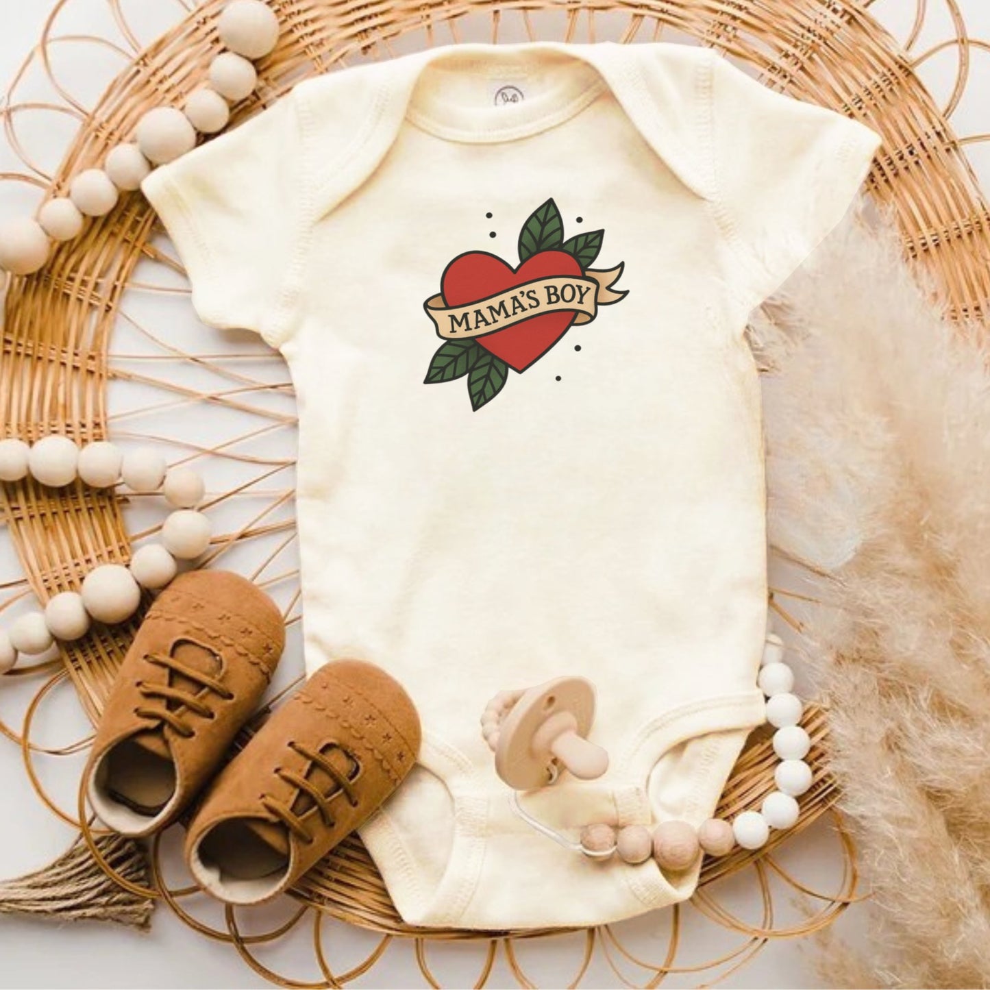 Mama's Boy Heart and Leaves Graphic Baby Onesie product