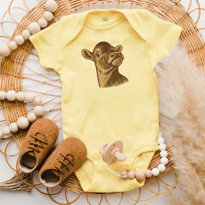 Adorable Yellow Baby Onesie with Cow Print product type