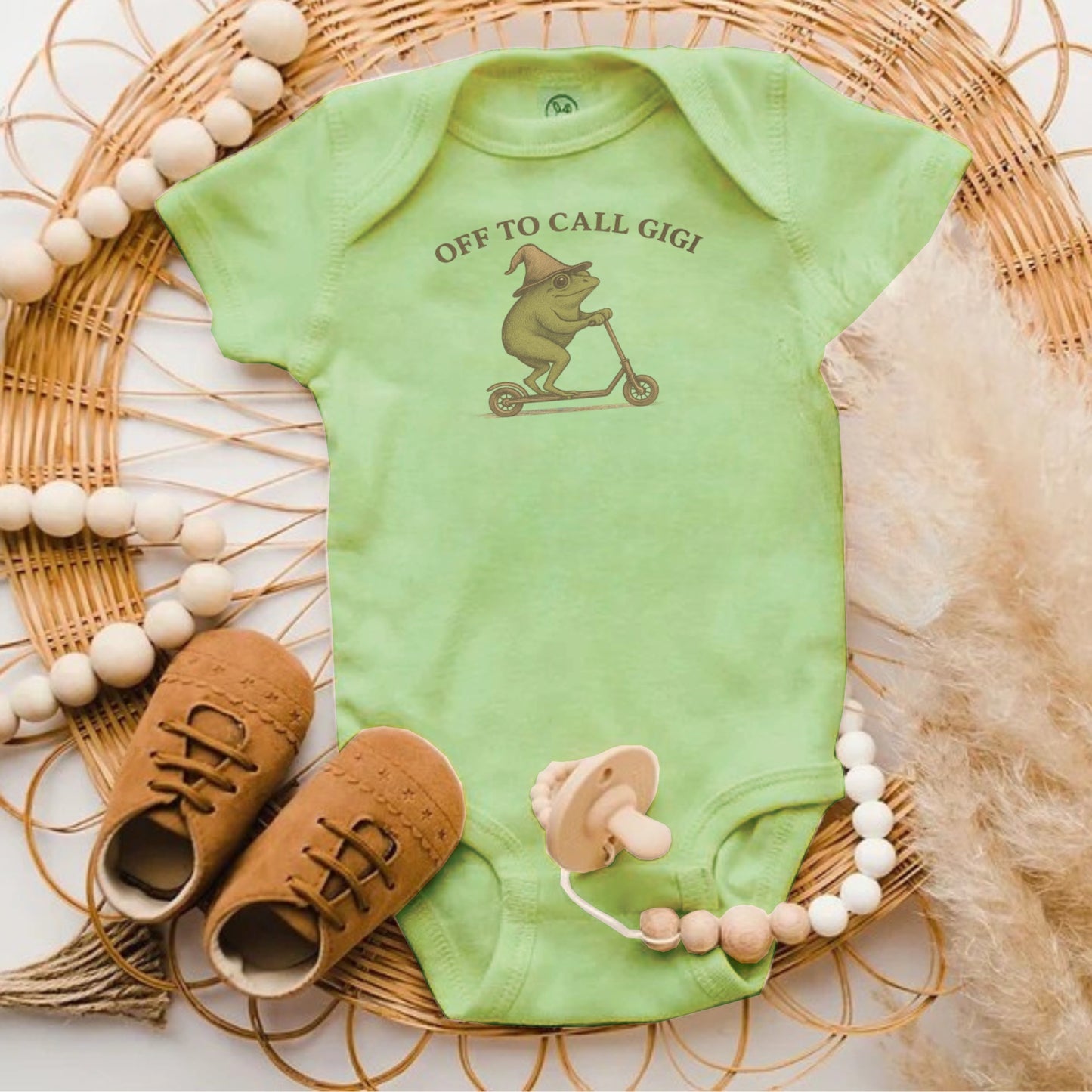 Off to Call Gigi Green Baby Onesie product