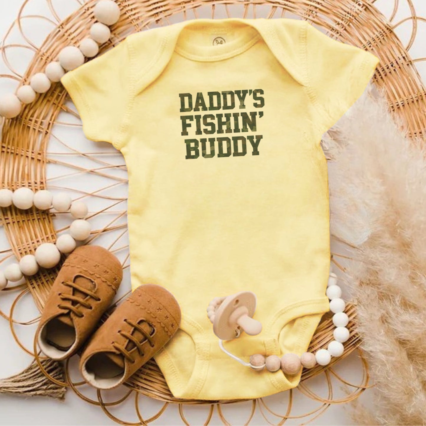 Daddy's Fishin' Buddy Yellow Baby Onesie product
