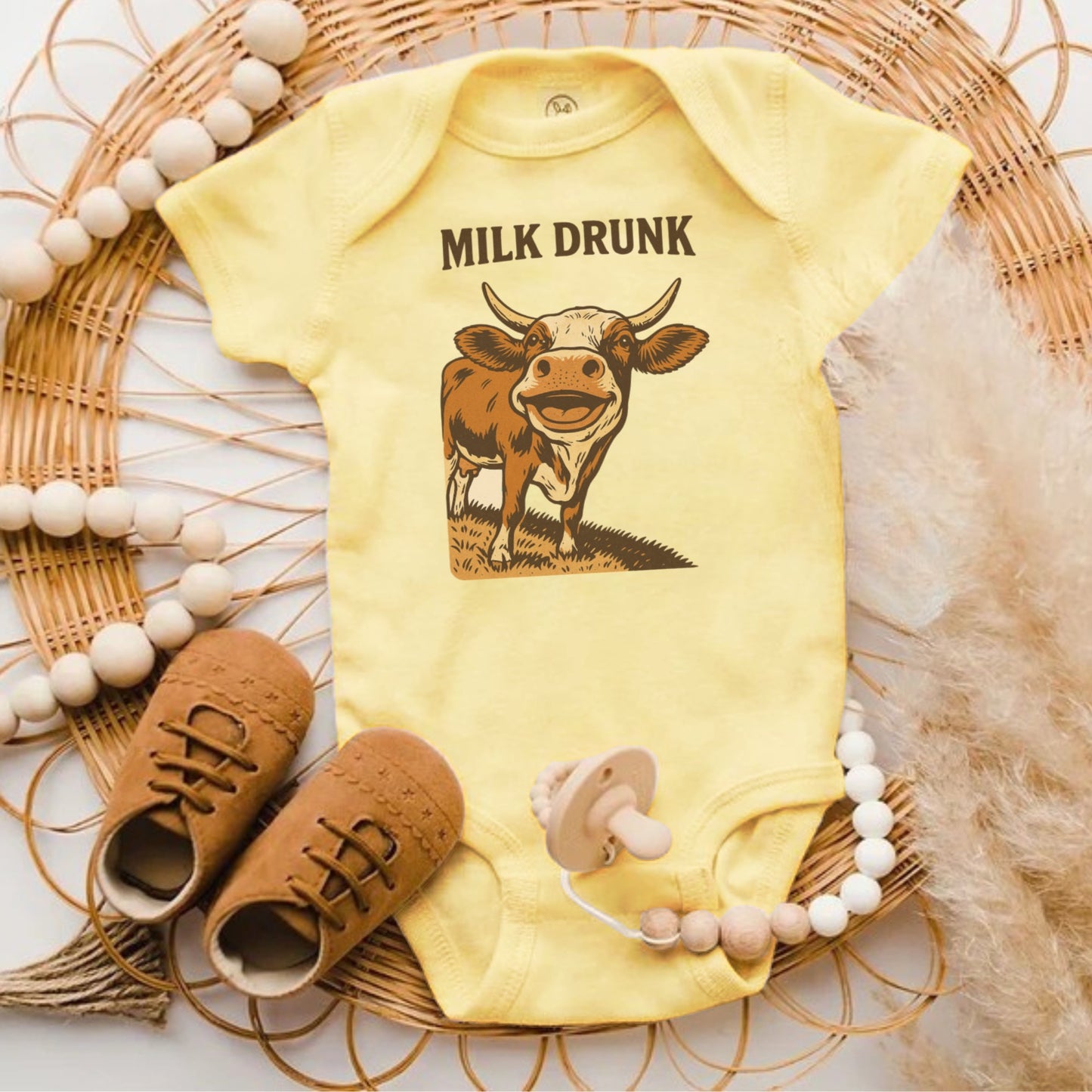 Milk Drunk Cow Print Baby Bodysuit cute onesie product type