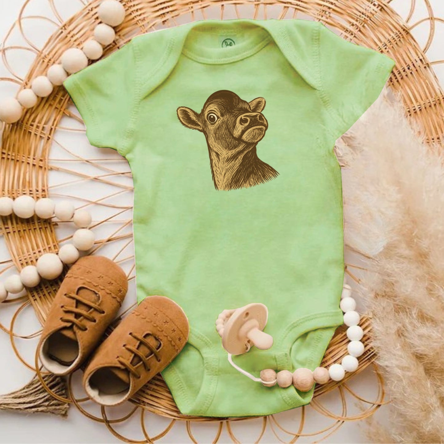 Adorable Green Baby Onesie with Cute Calf Design product